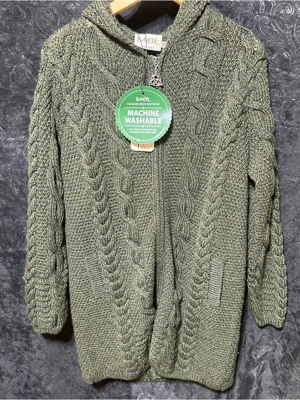 NWT! SAOL XL Women's Olive Green Cable Knit Zip Hoodie Sweater